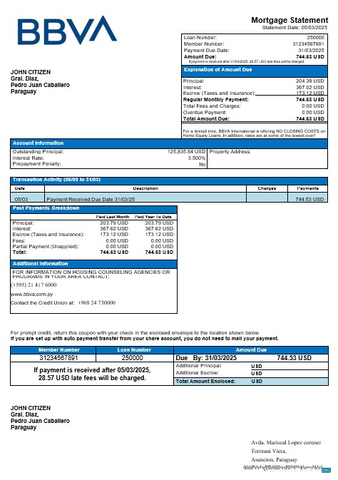 Download Paraguay BBVA bank mortgage statement in Word and PDF formats Photoshop template